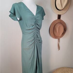 GRADE & GATHER Sage Green Ruched Front Midi Dress Flutter Sleeve Cottagecore S
